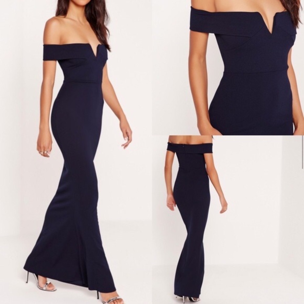 Long navy off shoulder dress with v plunge
